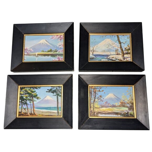 Set Of 4 Hand-Painted Mount Fuji Seasonal Scenes in Black & Gold Wooden Frames - Picture 2 of 16